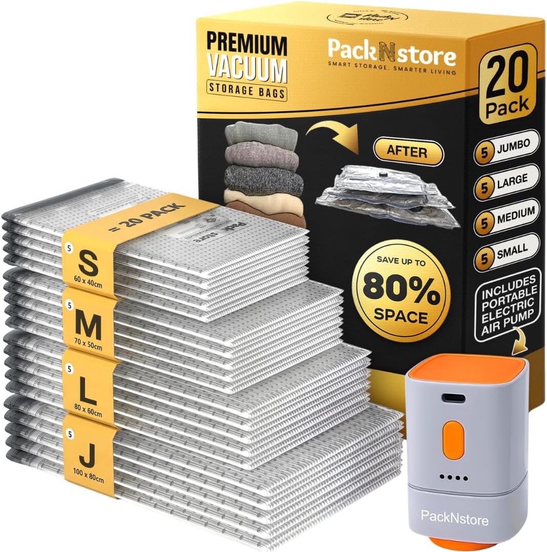 Vacuum Storage Space Saver Bags - 20 Pack Sealed Bags with Pump | Includes a rechargeable 25W pump with 4500Pa+ suction for quick vacuum sealing at home or on trips - airtight & waterproof