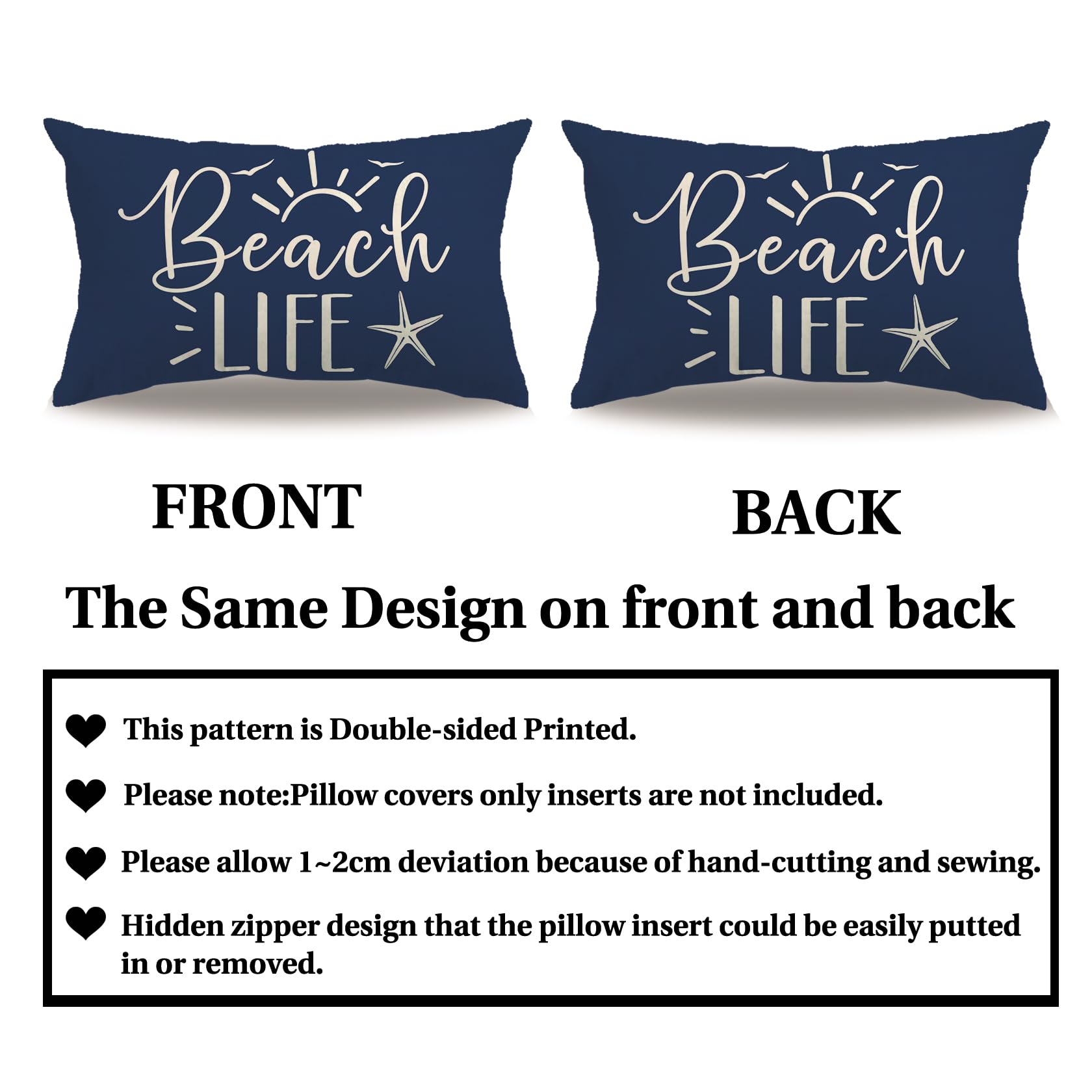 7COLORROOM 2Pack Beach Style Pillow Covers Double-Sided Printed Navy Blue Beach Life Starfish Summer Decor Rectangular/Waist Cushion Cover Ocean Theme Coastal Home Decor Pillowcases 12”×20” (Blue) 4