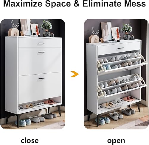 Miniatura 6 de HANLIVES Armario estrecho para zapatos de entrada, organizador delgado de almacenamiento de zapatos con 2 puertas, 1 cajón, zapatero blanco abatible