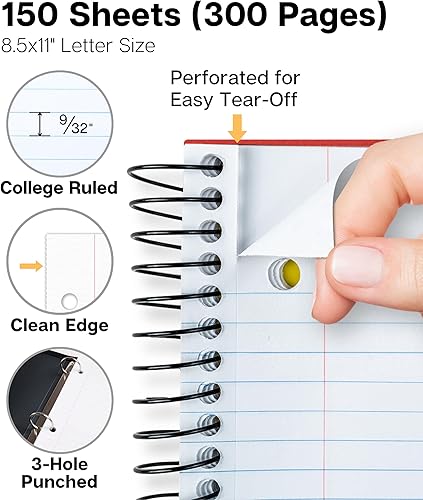 Miniatura 3 de Dunwell Cuaderno de 3 materias con rayas universitarias de 8.5 x 11 pulgadas (rojo) - 150 hojas (300 páginas), cuaderno en espiral de 8.5 x 11