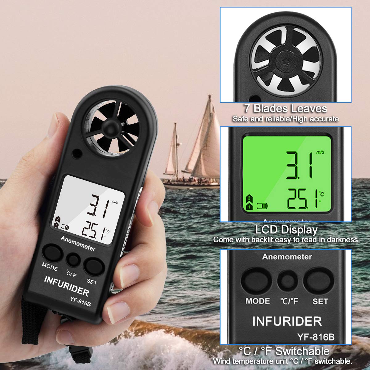 Anémomètre Numérique Portable INFURIDER YF-816B Compteur Anémomètre Vitesse avec Mesurer LCD Rétroéclairé+Température+MAX/AVG pour Vol de Drone, Alpinisme(2 Pack)