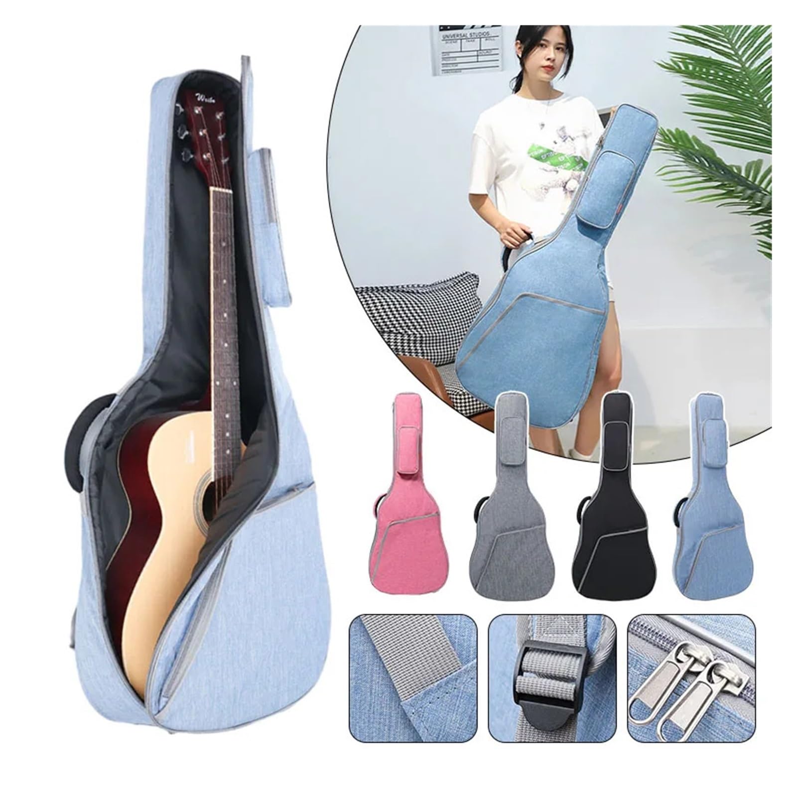 Bolsa for guitarra 36 39 41 pulgadas Funda acústica universal con correas dobles Mochila impermeable de algodón Oxford acolchada(Grey 38-39inch)