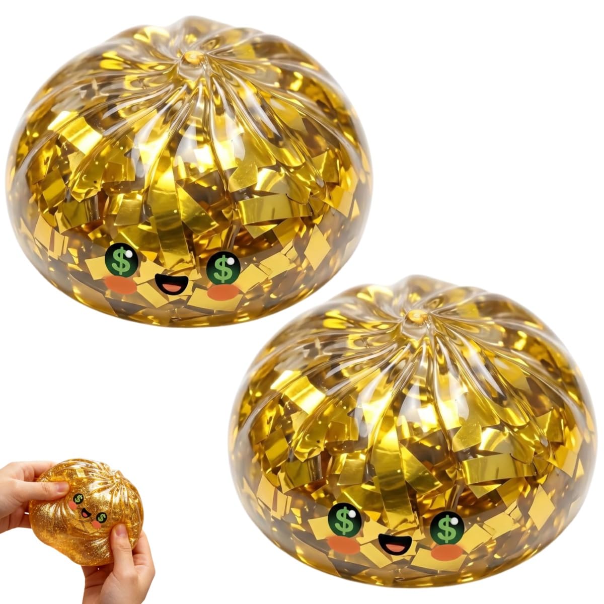 Golden Ticket Edition Dumpling Squishi Mystery Box, Ball with Water Beads Glitter Gold Dumpling Squishies, Squeeze Dough Ball Stress Relief Hand Toys with Steamer Fidget Sensory Toy (A-2pc)