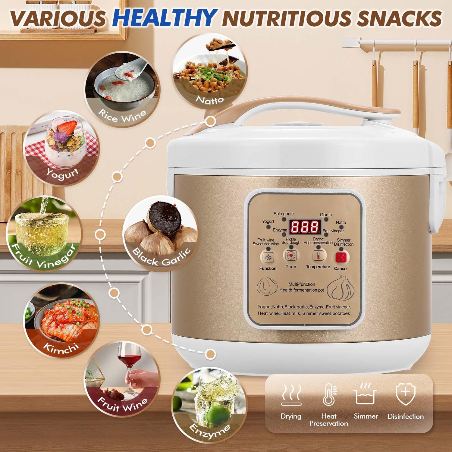 Moongiantgo 6L Black Garlic Fermenter, Automatic Intelligent Fermenter Machine for Natto, Yogurt, Kimchi, Fruit Wine, Garlic Cooker with Precise Time Temperature Control, 110V