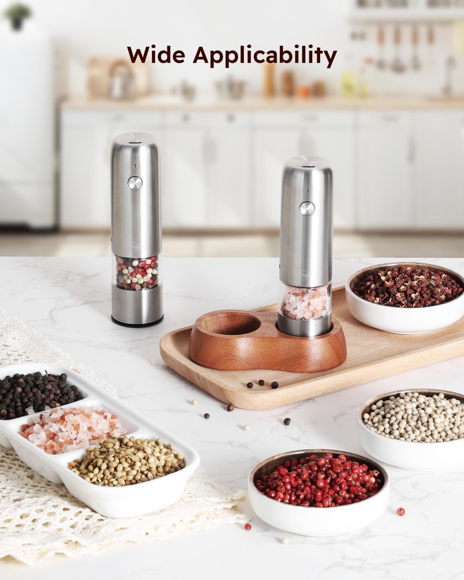 Sangcon Mini Set Macina Sale e Pepe Elettrico con Base in Legno, Ricaricabile USB, Piccolo Macinapepe Automatico, da Viaggio/barbecue/bambini, Controllo con un Pulsante (Acciaio inossidabile)