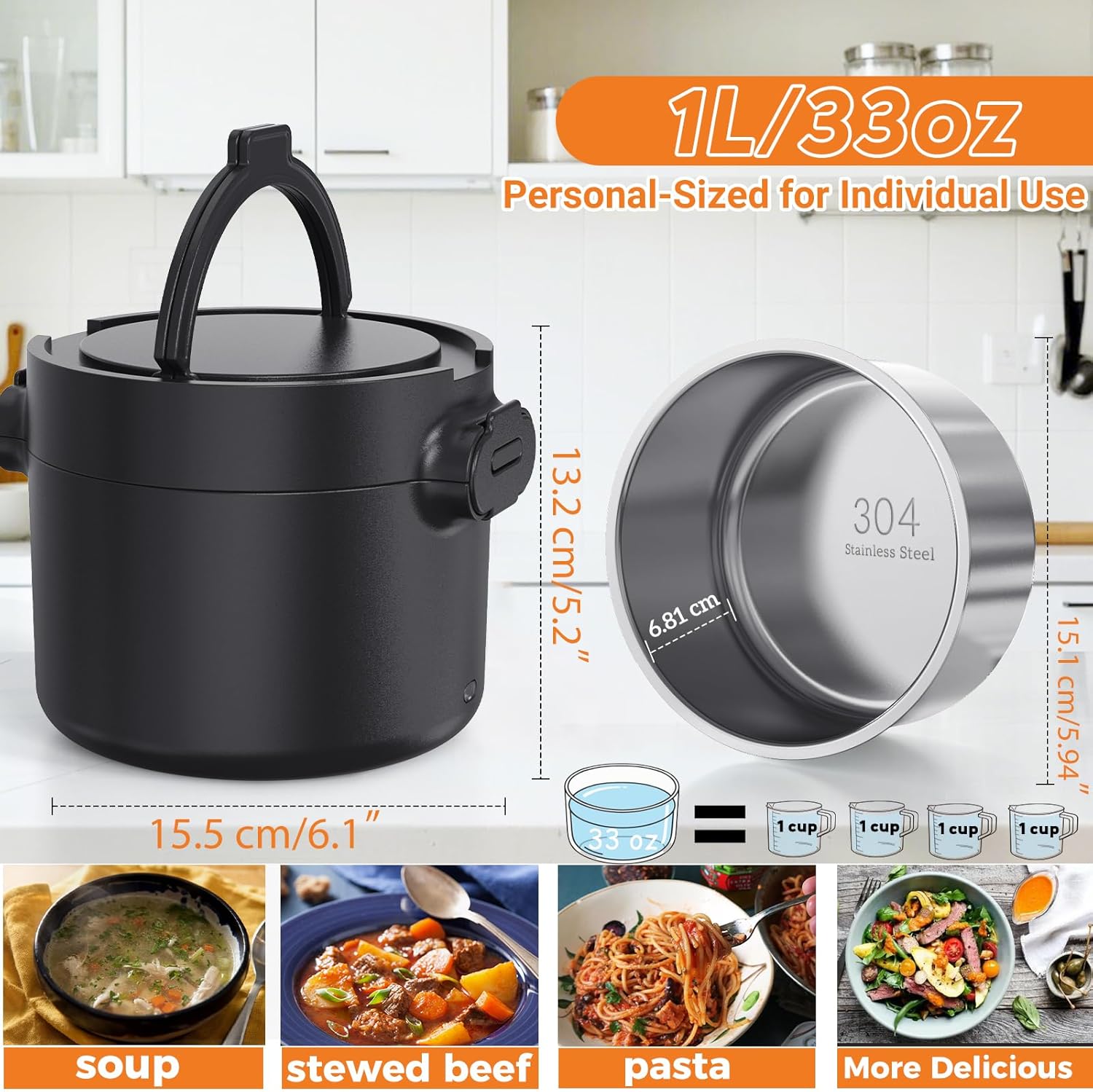 Electric Lunch Box, 33OZ Portable Food Warmer | 100W Rapid Heating & Leak-Proof 304 Stainless Steel | 3-in-1(Car 12V/24V & Home 110V) | Perfect for Work/Travel,On-the-Go,Ideal Gift for Men & Women 33oz Black