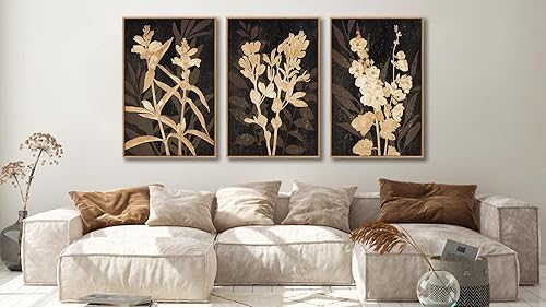Miniatura 3 de Arte de Pared Enmarcado Rústico Grande - Cuadros de Lienzo Negro con Ramas de Flores Marrones con Marco Flotante Natural, Decoración Retro de Hojas