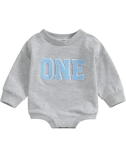 Lamuusaa Baby Girl Boy Birthday Outfit One Embroidery Romper Long Sleeve Crewneck Sweatshirt Birthday Gift