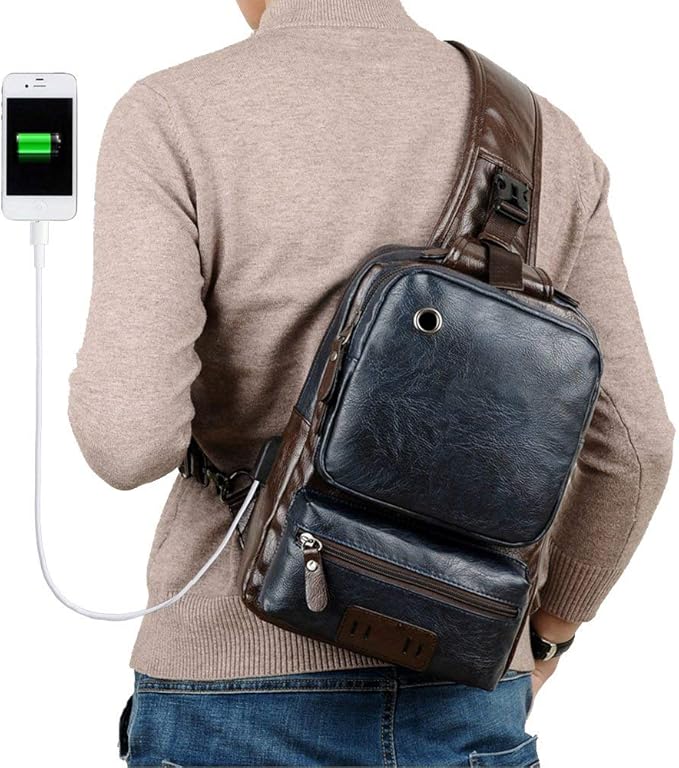 Men vintage pu leather crossbody sling bag large capacity casual backpack usb charge Clearance