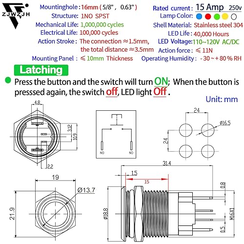 Miniatura 8 de ZJWZJH Interruptor de botón momentáneo de 15 amperios, 0.630 in, azul, impermeable, IP67, 12 V-24 V, LED, anillo de ángel, cabeza SPST de acero