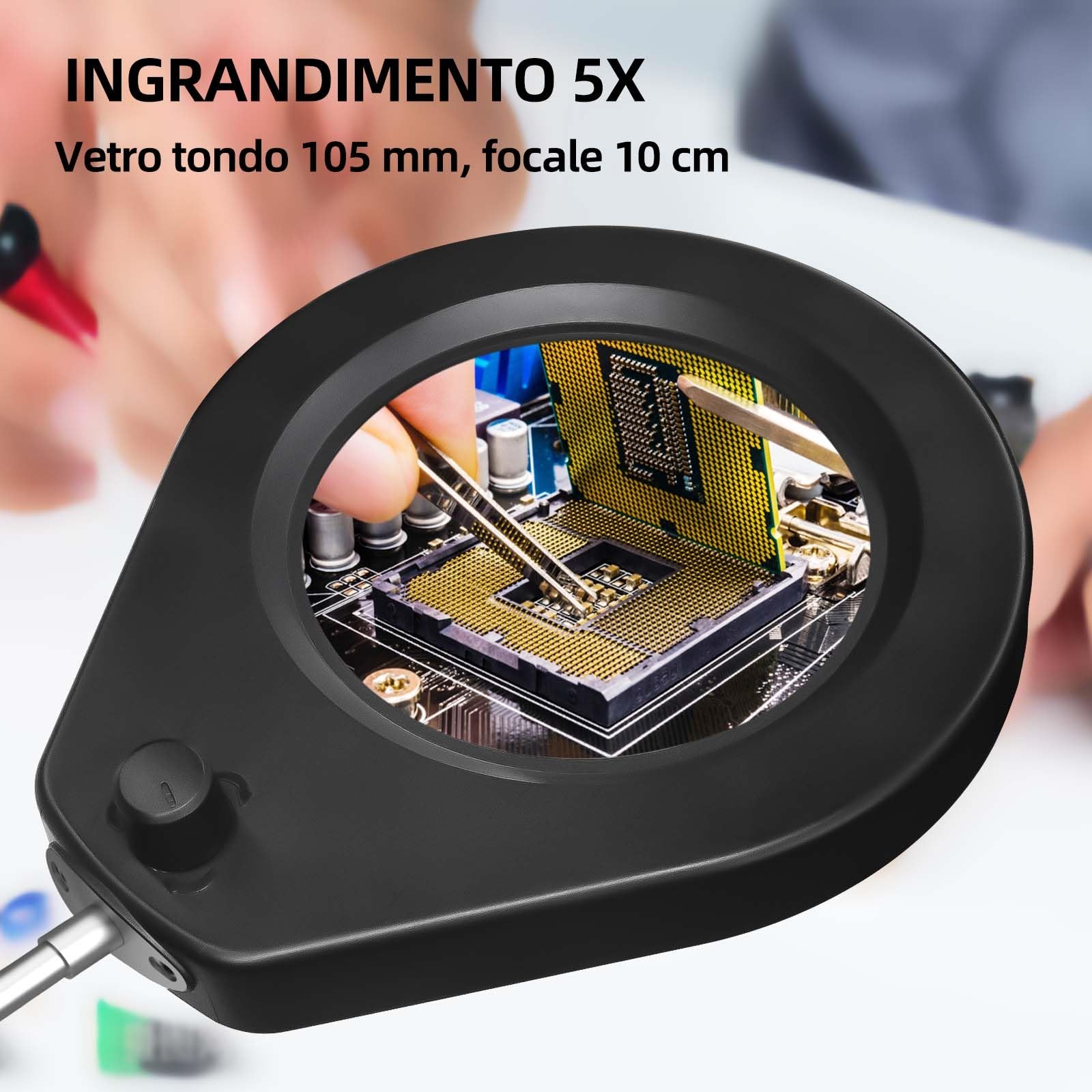 Lampada d'ingrandimento con lente da 5 diottrie, morsetto in acciaio da 6,4 cm, LED dimmerabili, braccio girevole da 90 cm, design comfort ottimale per estetisti, hobbisti e artigiani