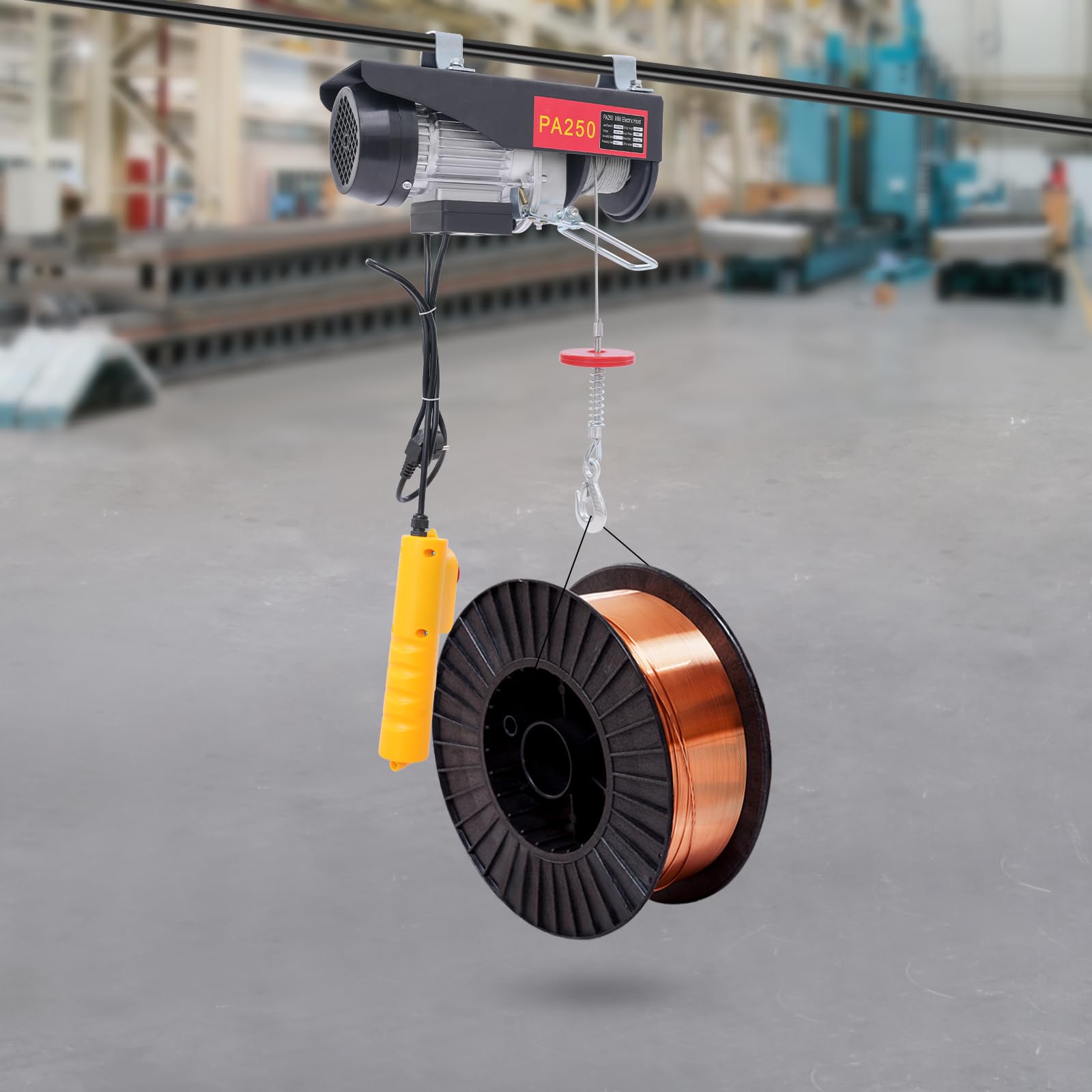 Elektryczna wciągarka linowa, wciągarka elektryczna, wciągarka łańcuchowa, podnośnik elektryczny, podnośnik linowy, udźwig 250 kg, wysokość podnoszenia 18 m, wysokość podnoszenia 550 W, silnik, garaż
