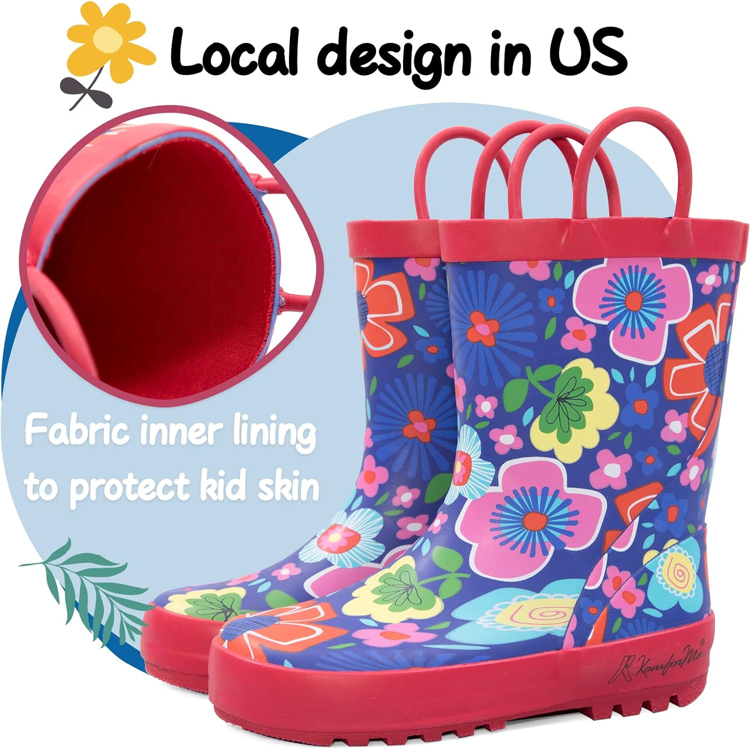 K KomForme Kids Rain Boots Waterproof Printed Rubber boots with Handles 9 Toddler Spring