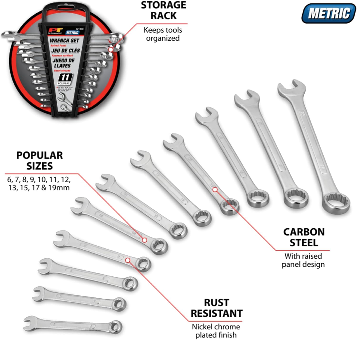 Performance Tool W1042 11 Pc. Metric Wrench Set - Nickel Chrome-Plated, Carbon Steel, Storage Rack
