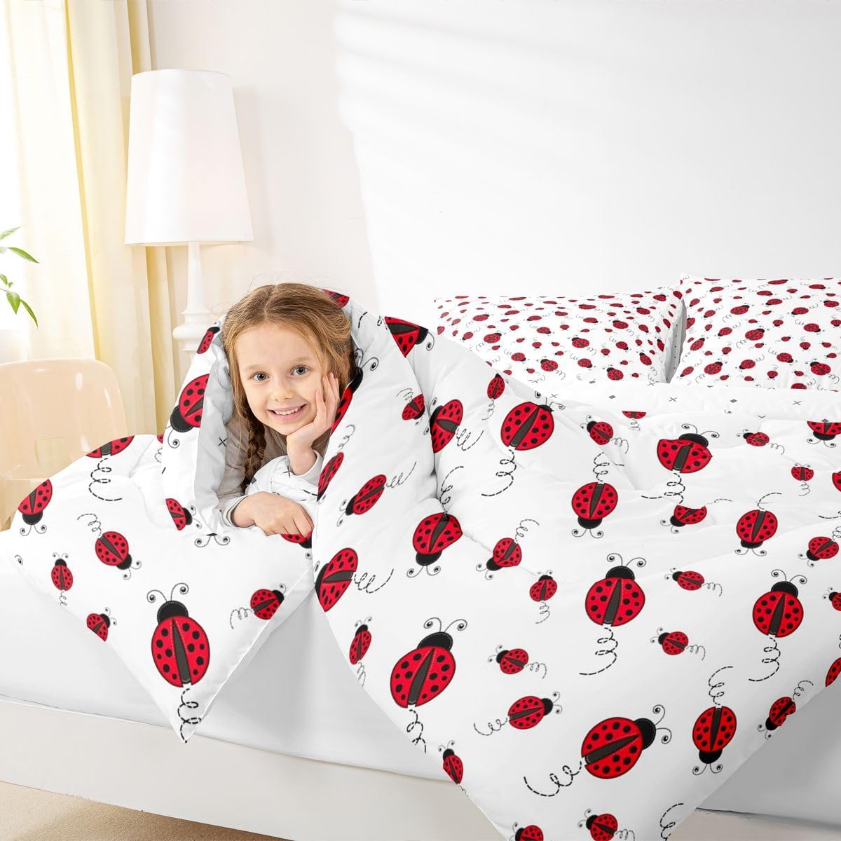 Cartoon Ladybug Comforter Set Twin Size Red Ladybugs Bedding Set for Kids Child,Cute Ladybird Down Comforter Beetles Bugs Pattern Bed Quilt Chic Nature Art Lady Beetle Wild Animal Room Decor image 4