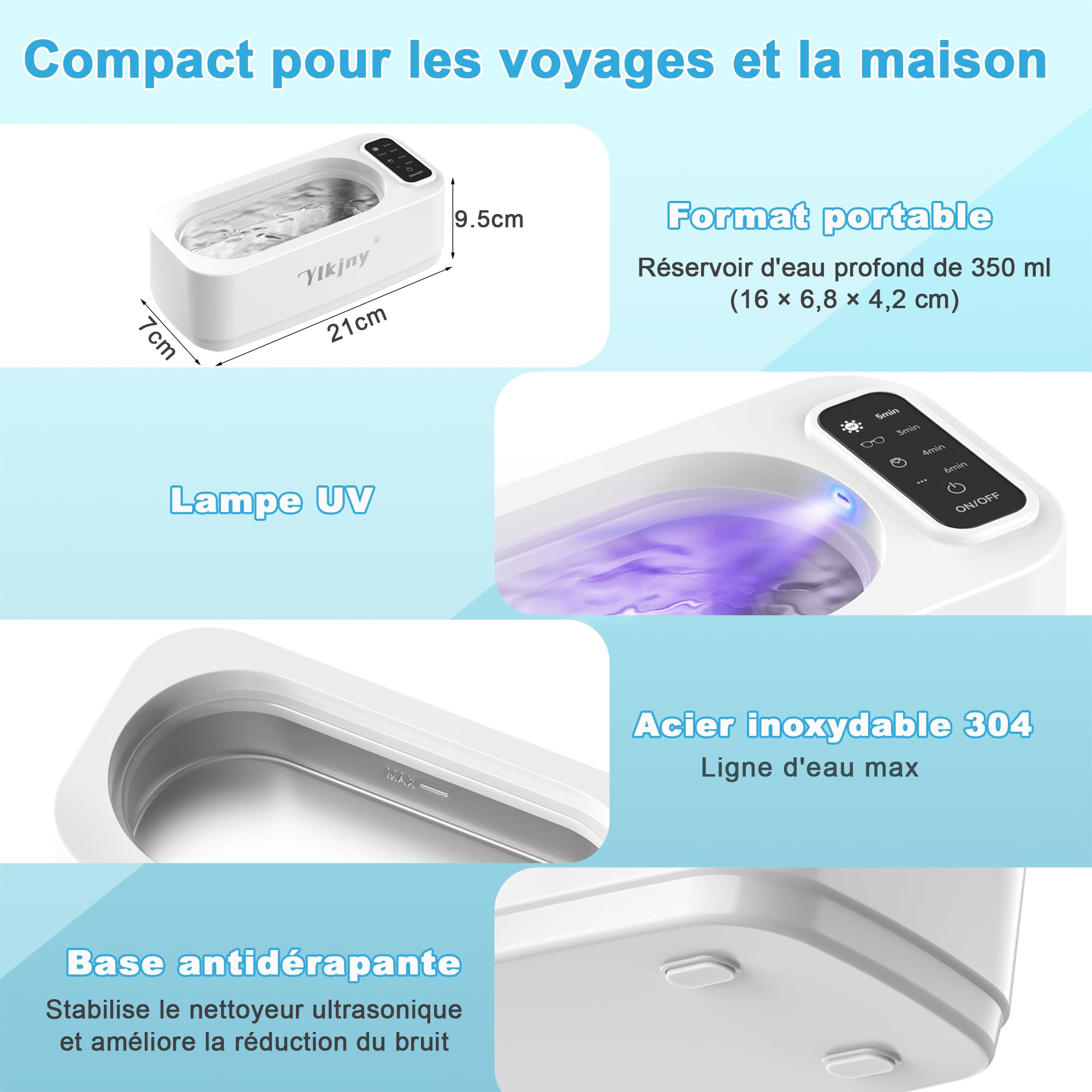 Nettoyeur Ultrasons 55KHz, Ultrasonic Cleaner 350ml, Bac a Ultrason 4 Modes, Nettoyeur Ultrasons Lunettes avec Lampe UV, Adapté pour Colliers, Bijoux, Prothèses Dentaires et Outils Cosmétiques