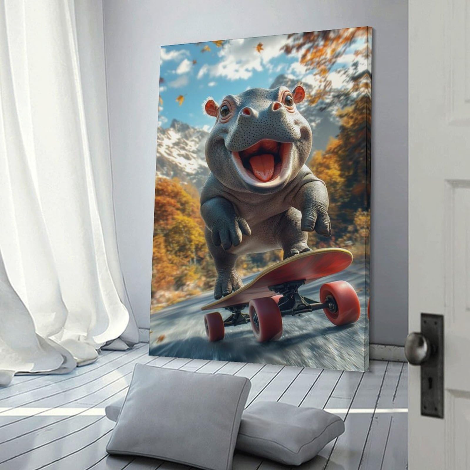 Junmoney Smiling Hippo Skateboarding Decorative Wall Artwork 12x18inch(30x45cm), for Living Room, Lounge Or Sitting Room, A Home Accent with Warm Character