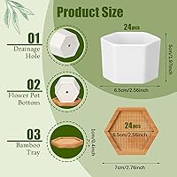 Vista 2 de Gerrii Macetas para suculentas, mini macetas de cerámica blanca con bandejas de madera y agujeros de drenaje para plantas, cactus, decoración