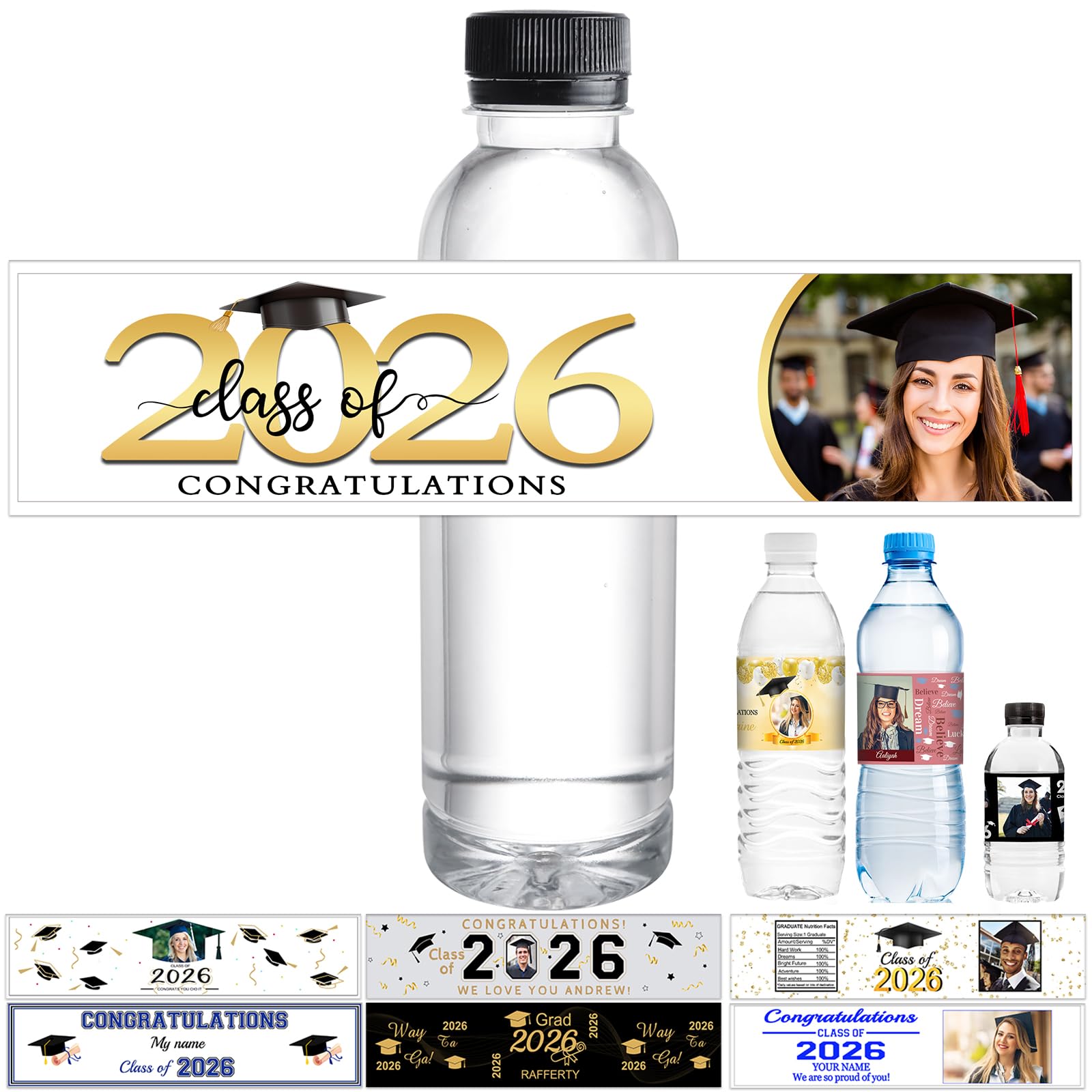 Personalized Graduation Water Bottle Labels,Class of 2026 Labels with Photo Image for Water Bottles,Custom Wrapper Stickers Waterproof Graduation