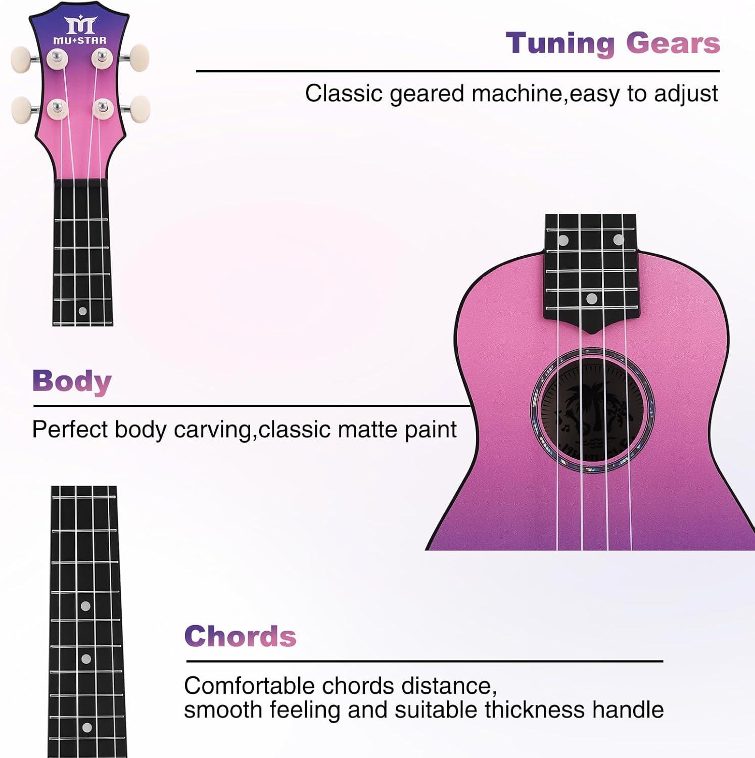 MUSTAR Soprano Ukulele, 21 Inch Basswood Ukulele for Beginners, Ukuleles Kit With Gig Bag, Strap, Picks, Cloth, Sticker,Ukulele Gift for Adults Teenagers