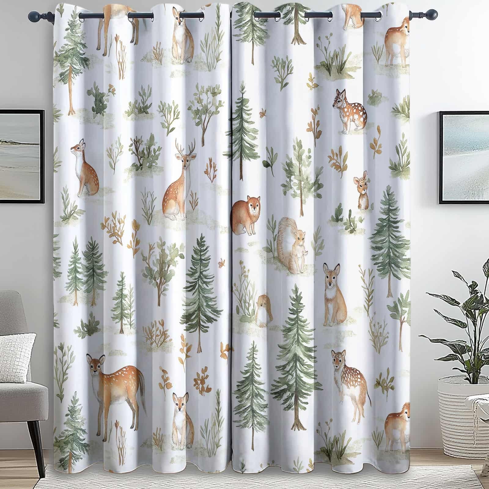 Wald Tier Winter Blickdichte Vorhänge H215 X B110 cm (2Er Pack) Grün Braun – Verdunkelungsvorhänge Mit Sonnenschutz – Für Kinderzimmer, Wohnzimmer & Balkon – Schiebevorhänge Geeignet