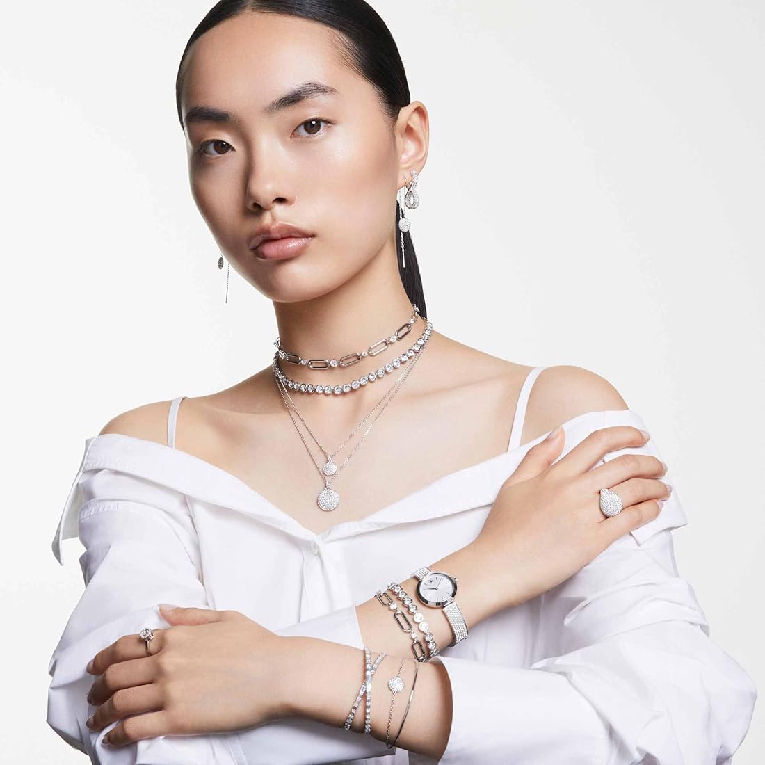 Swarovski Hyperbola Infinity hoop earrings, White, Rhodium plated