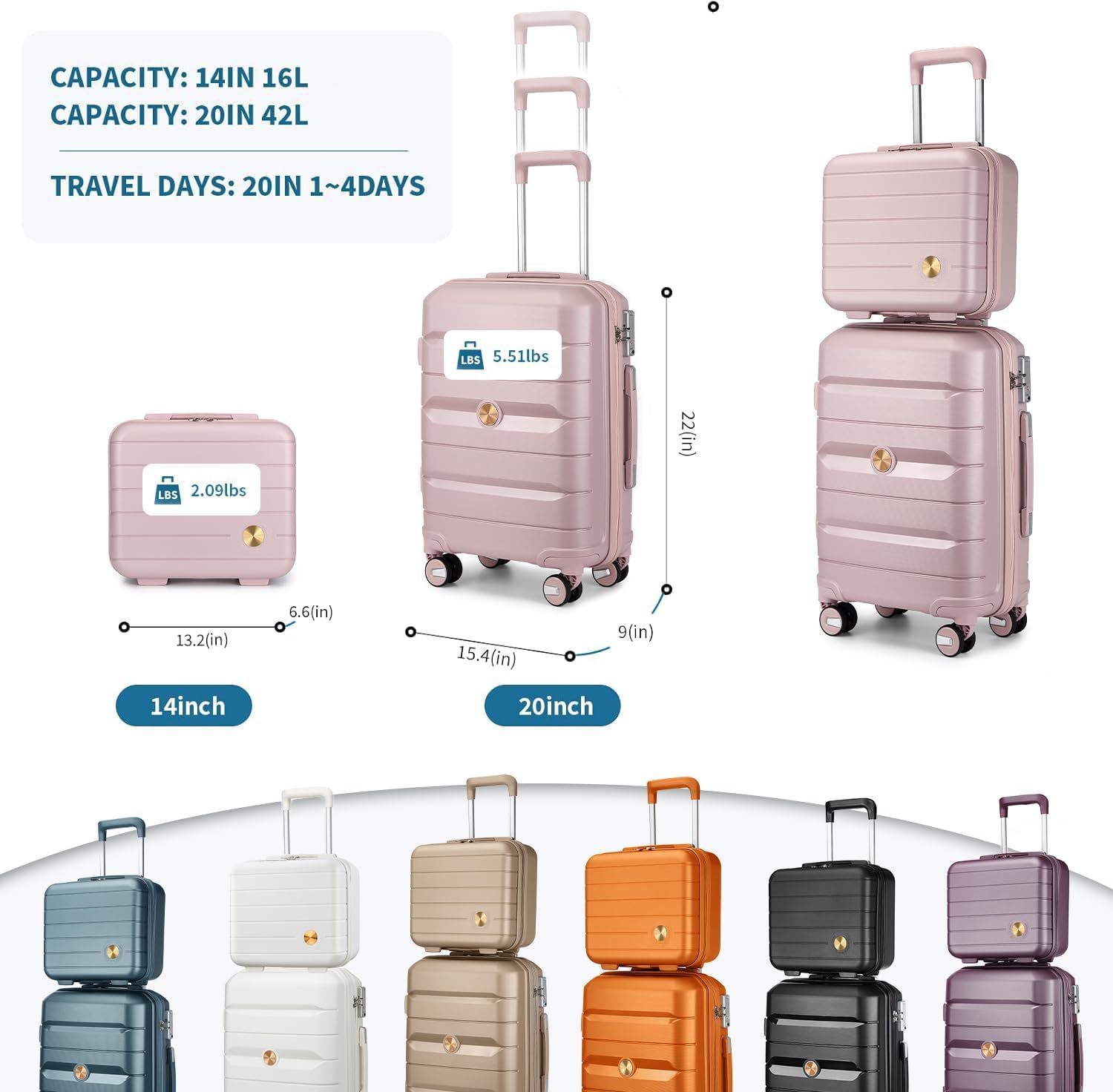 Somago 20" Carry On Luggage and 14" Mini Cosmetic Cases Travel Set Lightweight Polypropylene Suitcase with TSA Lock YKK Zipper Hardside Luggage with Spinner Wheels (2 Piece Set, Nude Pink)