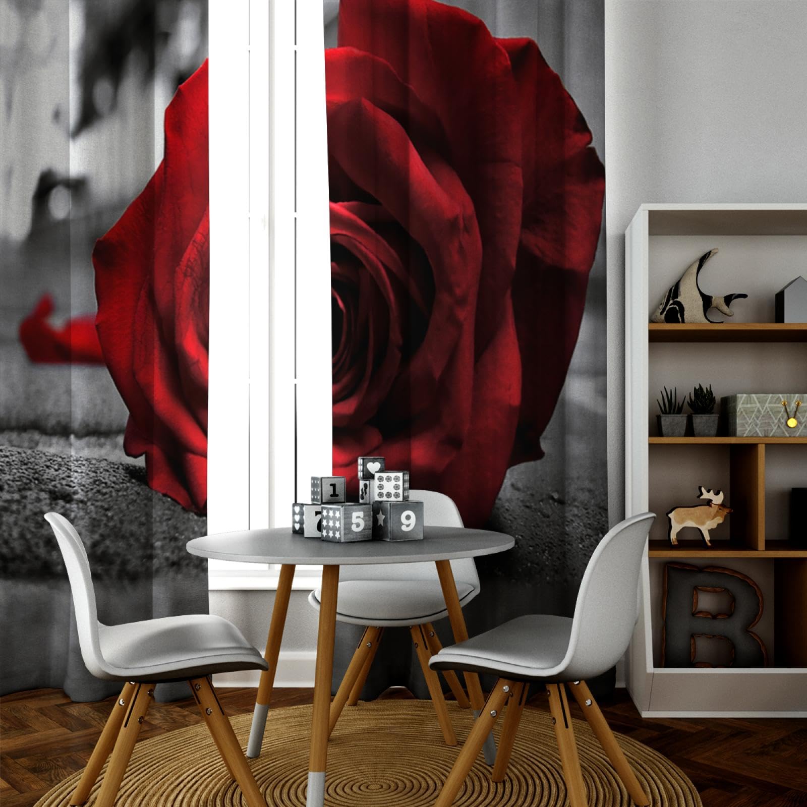 Graue und Schwarze Verdunkelungsvorhänge Rote Rose Verdunkelnde Ösenvorhänge für Wohnzimmer Schlafzimmer Wärmeisolierte Vorhänge Geräuschdämpfende Vorhänge 2xW140xL145cm