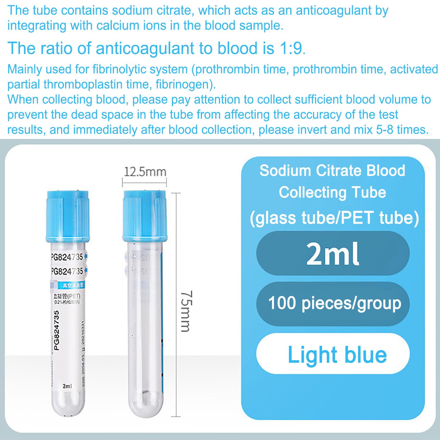 100pcs/pack Citrato De Sodio Tubo De Recogida De Sangre, Desechables De Presión Negativa Tubo De Vacío Con Tapa Azul, Citrato De Sodio 1:9, Tubo Vidrio/Tubo Plástico Opcional, Para Laboratorio