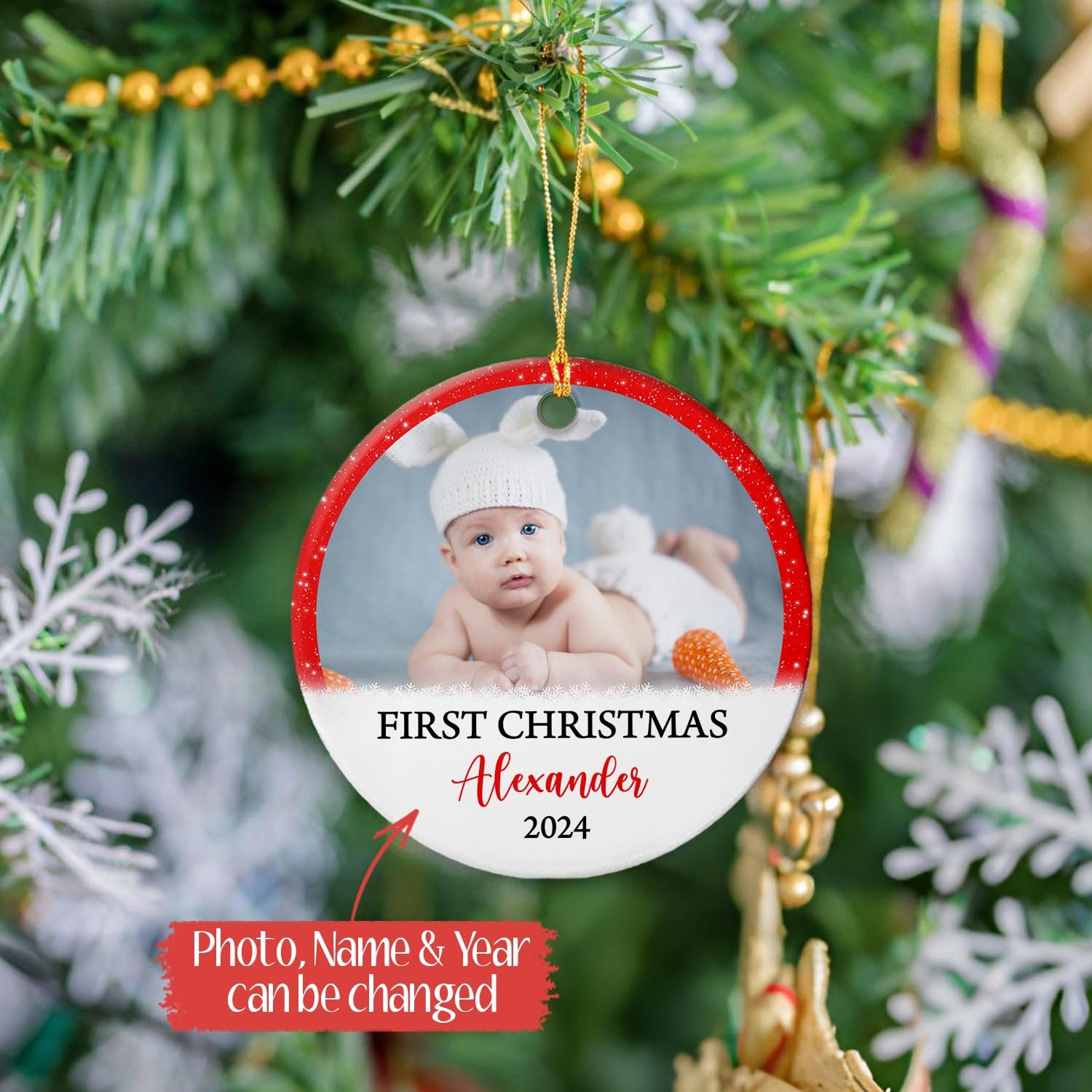 New Baby Christmas Ceramic Ornament, Personalized Photo Baby First Christmas Ornaments 2025, Babies 1st Xmas Ceramic Keepsake Gifts for New Dad Mom Newborn, Custom Baby's Name Ornament Christmas Tree