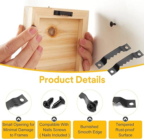 Miniatura 5 de 150 ganchos pequeños de dientes de sierra, ganchos negros resistentes para marcos de fotos con tornillos, fotos de metal para colgar decoración de