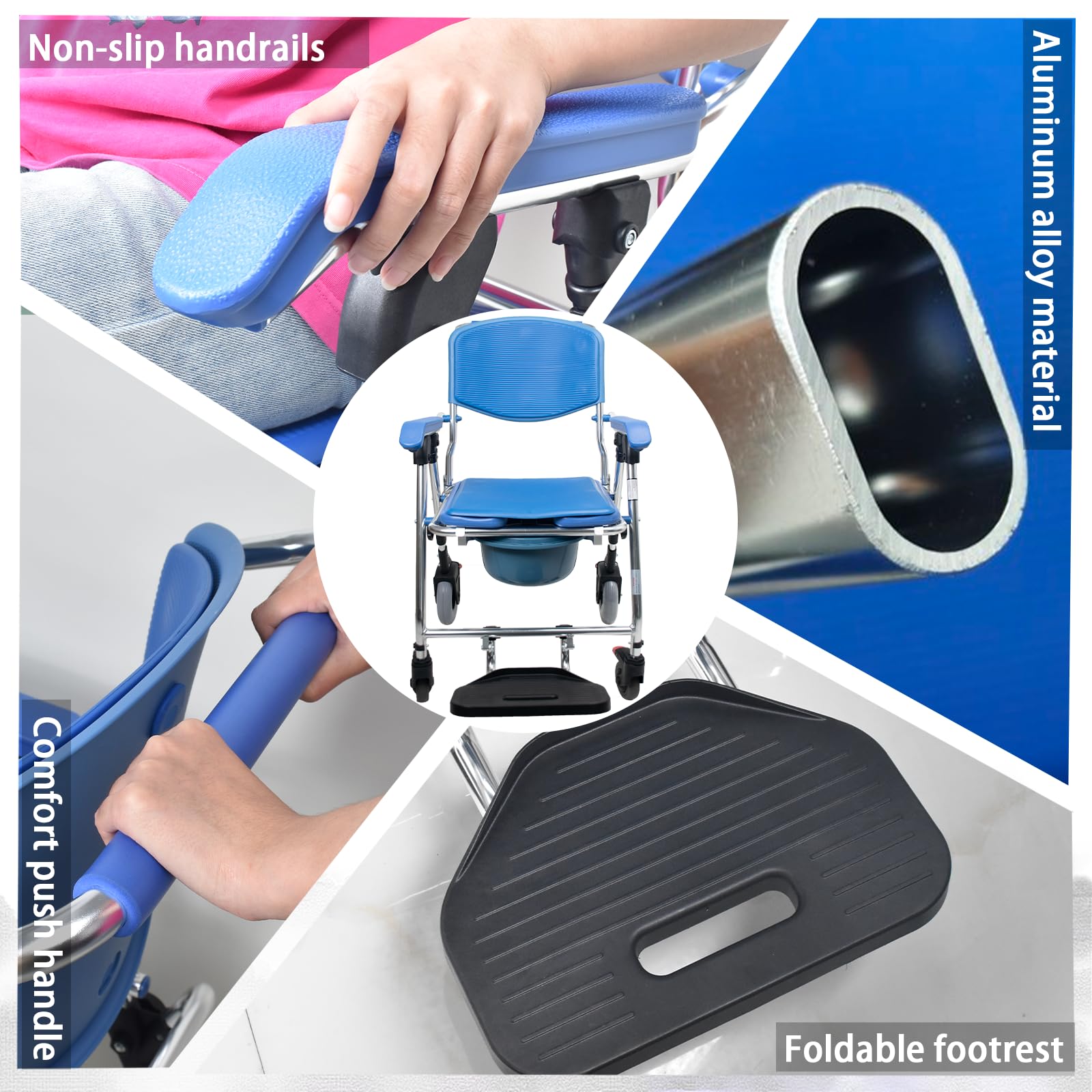 Sedia Comoda Pieghevole WC per Anziani con Rotelle, Blu Sedia a Rotelle con WC per Anziani Pieghevole, 3-in-1 Sedia Doccia Disabili con Ruote Impermeabile, 150kg
