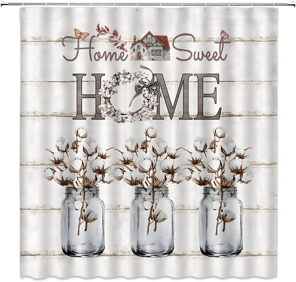 DePhoto Farmhouse Floral Flower Shower Curtain Cotton Flower in Jar on Rustic Barn Door Shower Curtain Liner Country Barnwood Modern Bath Decor Fabric Bathroom Curtain with 12 Hooks 72x72 Inch