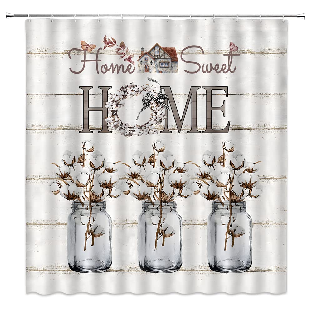 DePhoto Farmhouse Floral Flower Shower Curtain Cotton Flower in Jar on Rustic Barn Door Shower Curtain Liner Country Barnwood Modern Bath Decor Fabric Bathroom Curtain with 12 Hooks 72x72 Inch