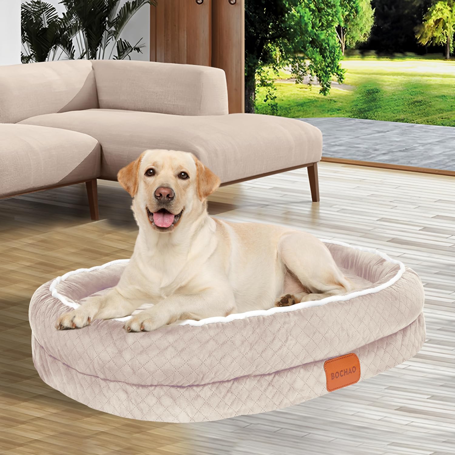 BOCHAO Egg-Shaped Memory Foam Dog Bed,an Orthopedic Dog Sofa Suitable for Small and Medium-Sized Dogs,With four-Sided neck Support,Waterproof and Non-Slip,and Removable and Washable Cover. (Beige, L)