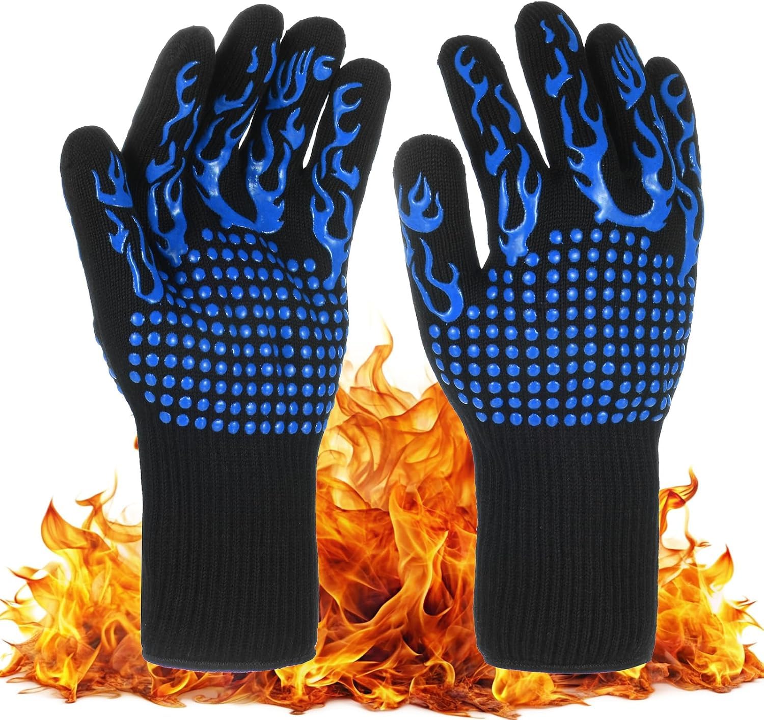 XAXEURLKJ Heat Resistant Bbq Grilling Gloves, 1472°f Silicone Fireproof Mitts For Outdoor Cooking, Barbecue, Baking, Grill Protection [black] Blue