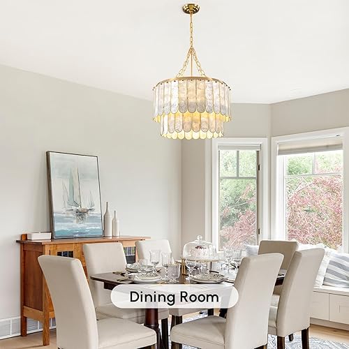 Miniatura 4 de 5-Light Chandelier Shell 2 Tiered Faceted Gold Chandeliers for Dining Room Modern Pendant Lighting