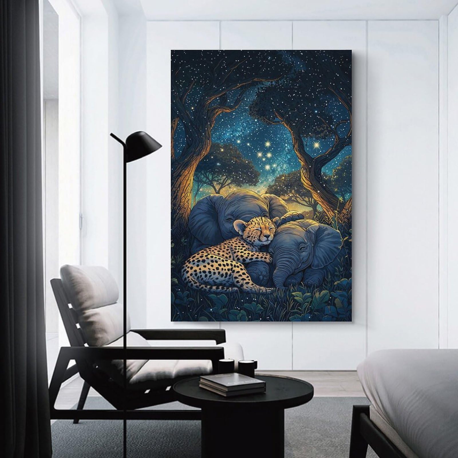 Junmoney Cheetah And Elephants Under Stars Canvas Wall Picture, 08x12inch(20x30cm), for Wall Displays, Bedrooms Or Room Updates, Wall Decor Suited to Curated Displays