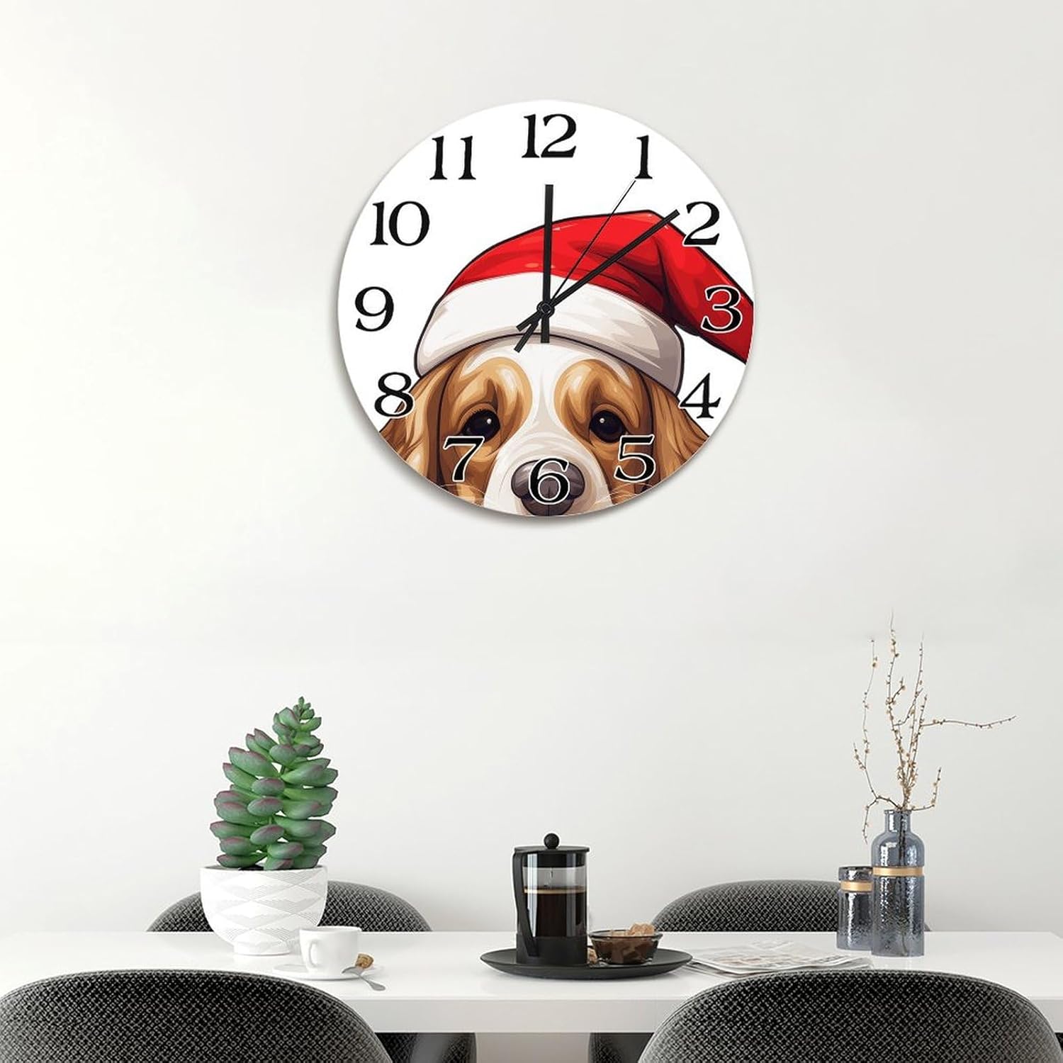 Christmas Hat Peeking Dog English Cocker Spaniel Wall Clocks 15in Pet Dog Puppy Round Decorative Wood Wall Clock Retro Hanging Silent Wooden Wall Clock for Bedroom Kitchen Kid's Room Home Decor
