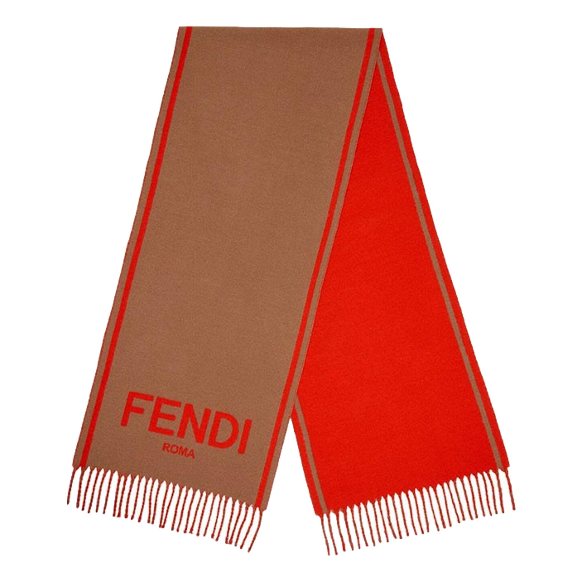FENDIRoma Cashmere Scarf Beige Orange Logo FXT322, Brown, L
