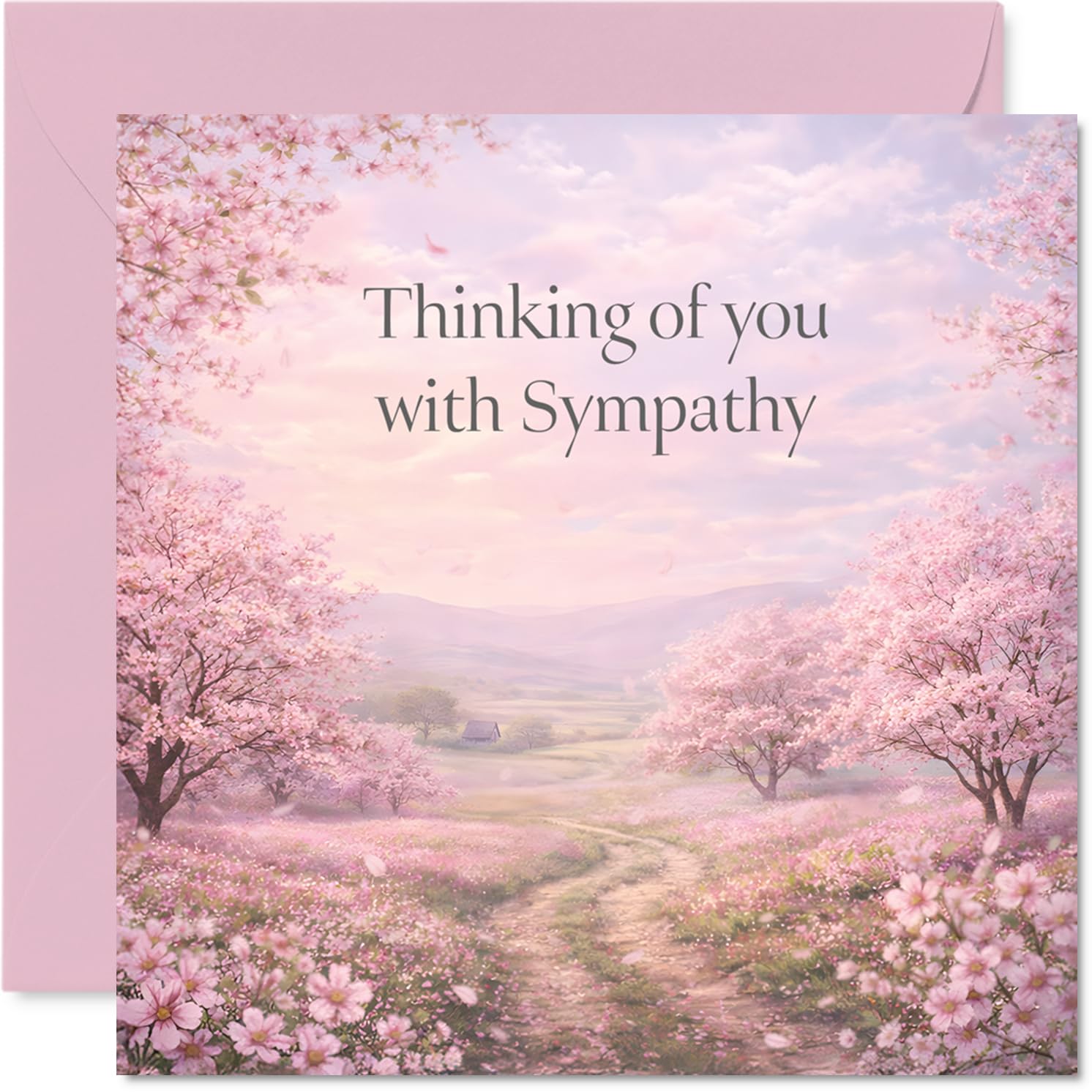 Comforting Sympathy Card - Gentle Words for Difficult Days - Serene Cherry Blossom Landscape in Soft Pastels - 145mm Square, Envelope Included