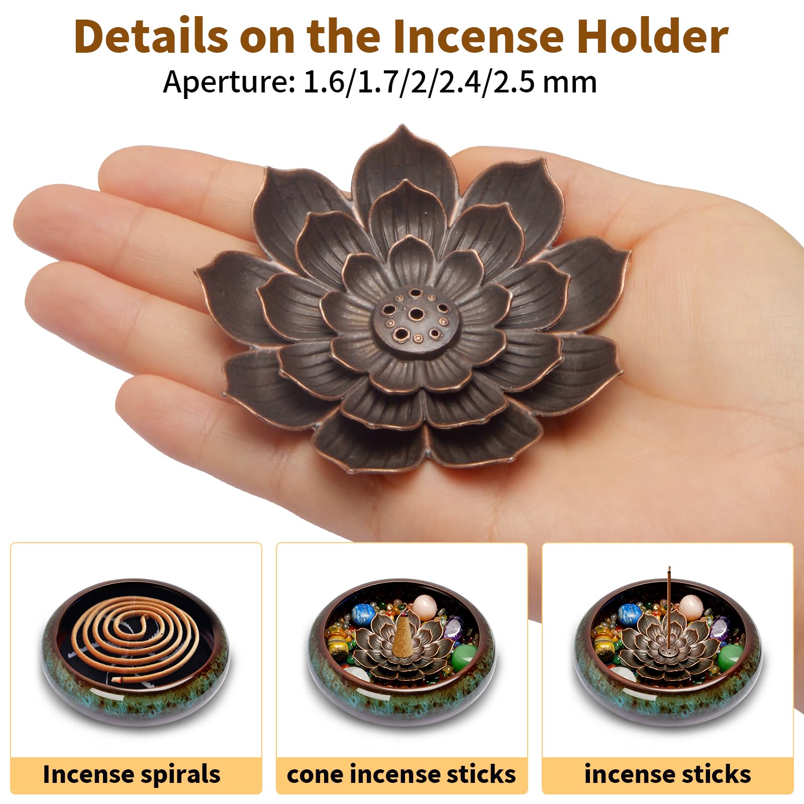 Lermende Bruciatore Incenso in Ceramica: Porta incenso con design loto rimovibile con Bruciatore per Incenso con Pietre dei Chakra e Coperchio in Metallo, Bruciatore per Incenso per La Meditazione.