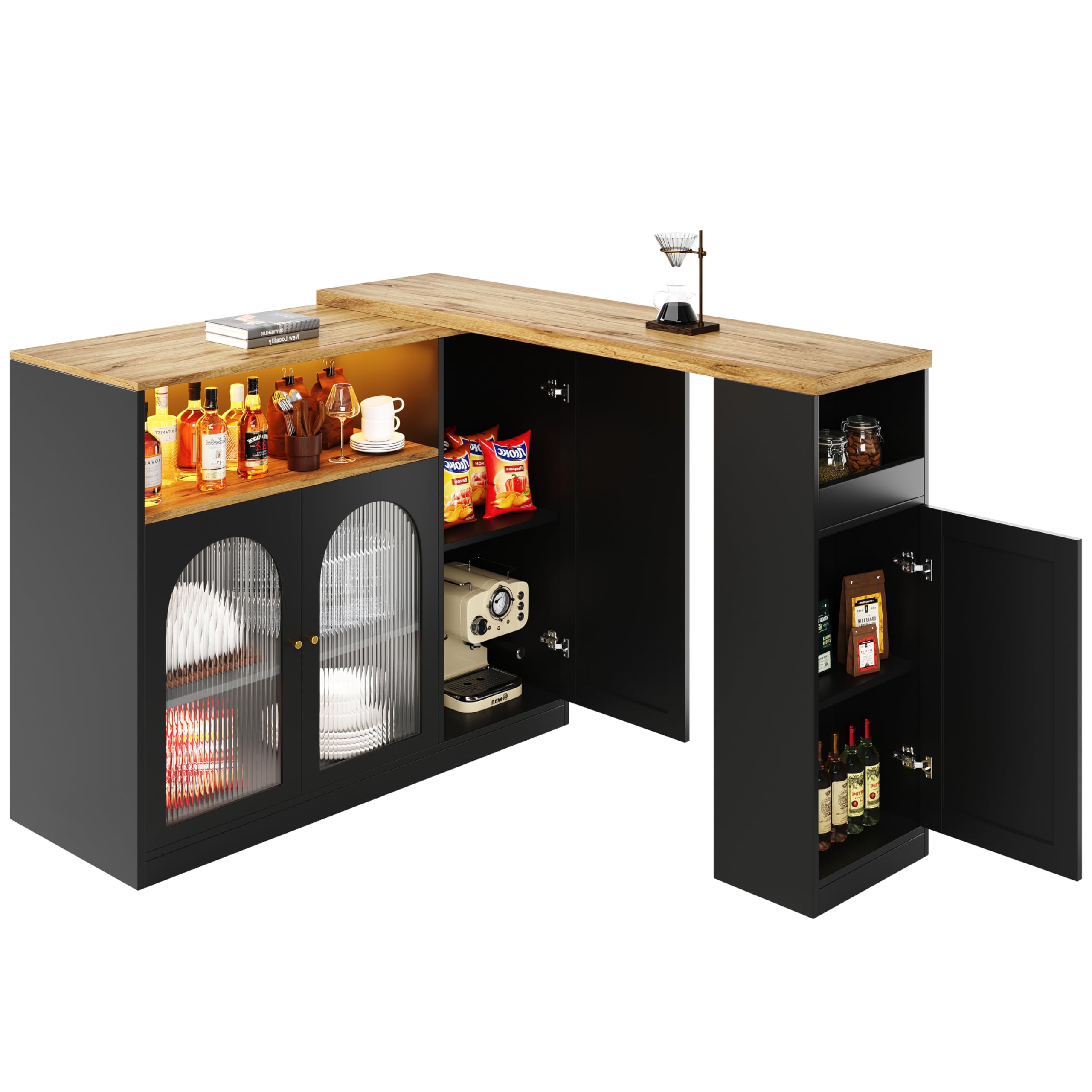 Credenza Moderna Girevole 360° con Luce LED, Vetro Changhong - Multifunzione: Mobile Bar, Cantinetta Vini, Scrivania Legno, Angolo Caffè - Nero Opaco/Venatura Legno 197x40x100 cm