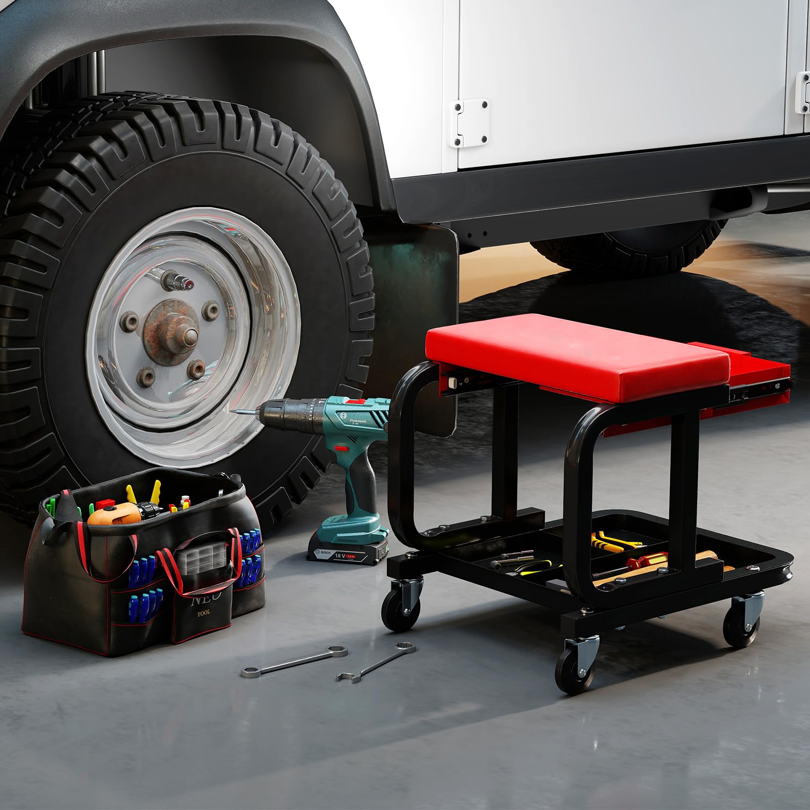GYMAX Rollender Werkstatthocker, mobiler Rollhocker mit ausziehbarer Schublade, Werkzeugablage & gepolsterter Sitz, Tragfähigkeit von 185 kg, Werkzeugwagen für Garage, Gartenarbei (Rot)