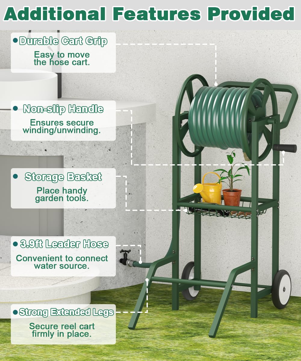Artigarden Carrello avvolgitubo con 2 ruote, supporto per tubo dell'acqua da giardino, resistente in acciaio verniciato a polvere, per esterni, contiene tubi da 38,1 m 5/8" con cestino e tubo da 1,2 m