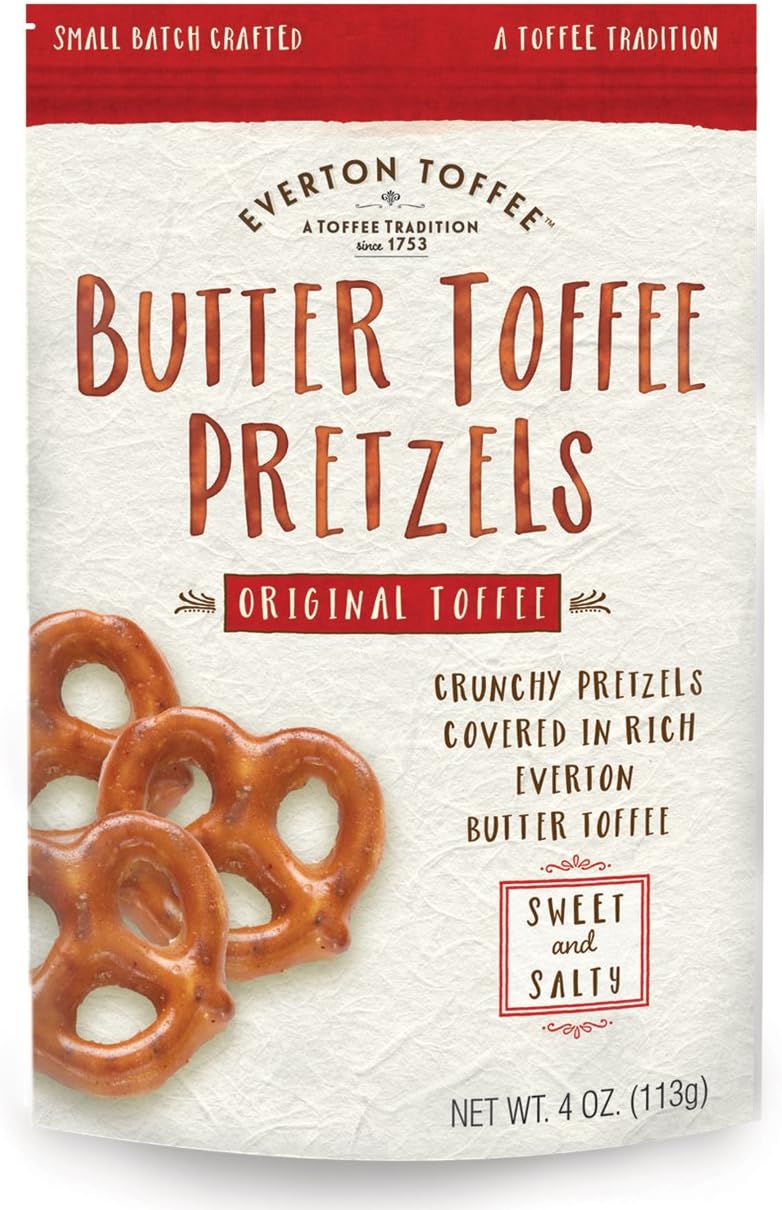 Everton Toffee Butter Toffee Pretzels, Original Toffee Flavor (4 oz. bag, 9-pack), Gourmet Artisan Toffee Covered Pretzels, Sweet and Salty Mini Pretzel Snacks, Small Batch Crafted