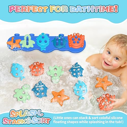 Miniatura 2 de Juguetes de baño de silicona para bebés  Juego flotante apilable y clasificador de formas con 10 piezas texturizadas sin moho, diseño sin agujeros,