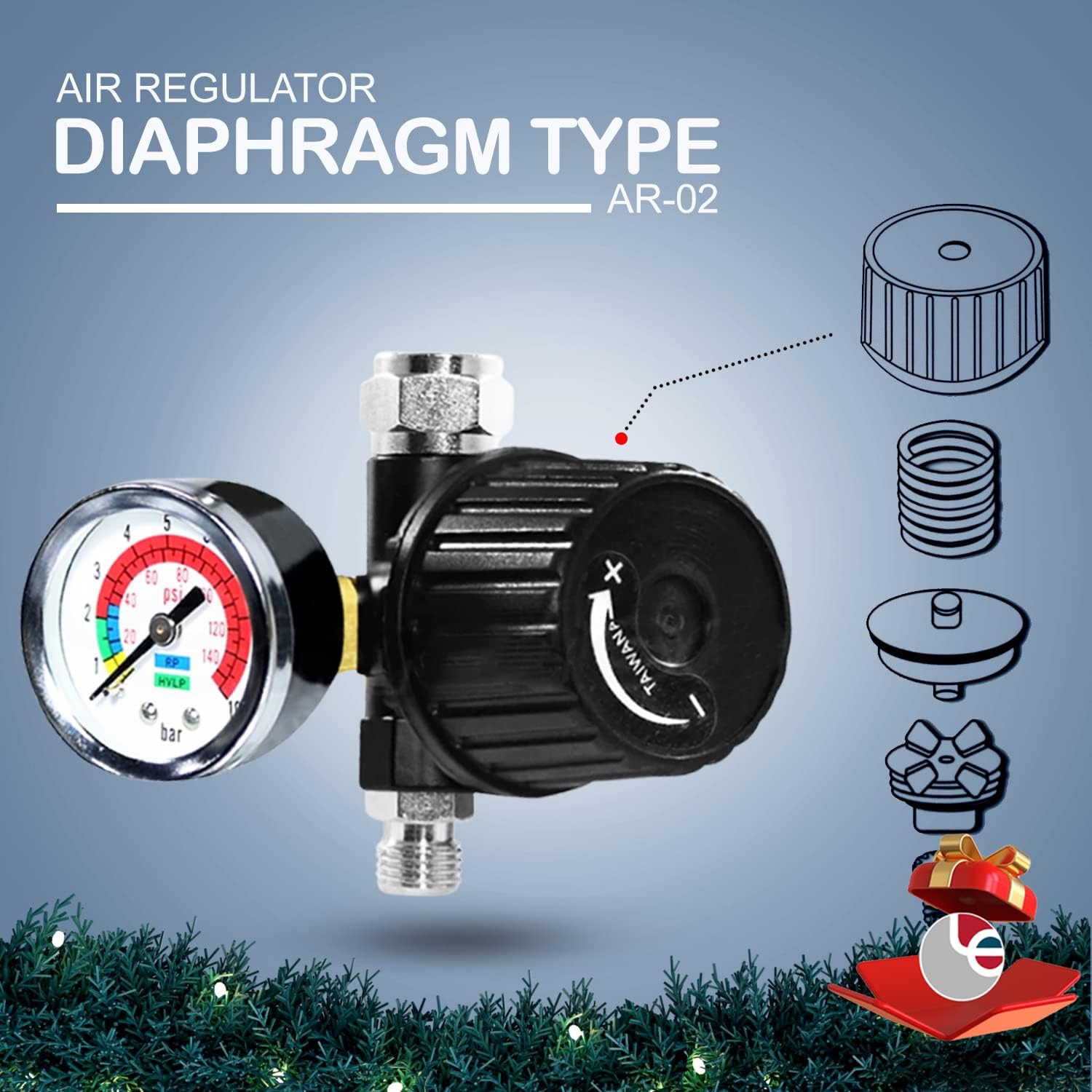 LE LEMATEC AR-02 Analog Air Regulator, AI303 Inline Filter and AI-112-1 Swivel Connector Bundle