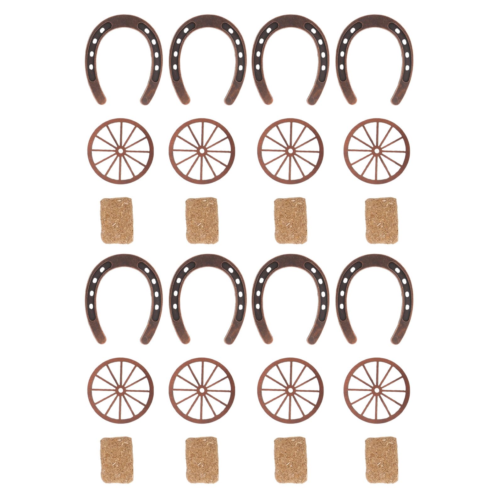 Roues de chariot en bois et mini fers à cheval vintage pour décoration de fête rustique