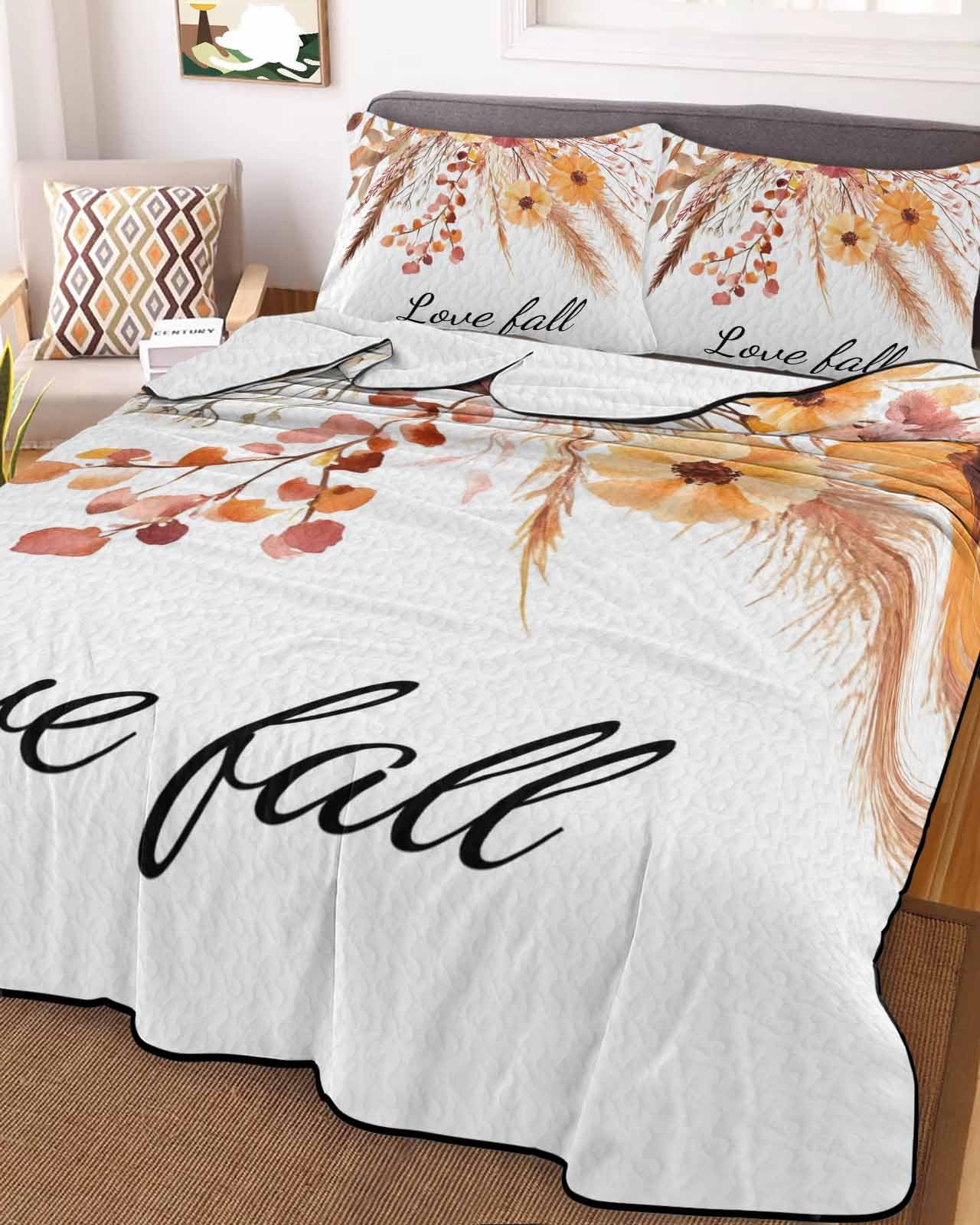 Reversible Down Alternative Comforter Quilted, Fall Watercolor Farm Flowers Reed Duvet Insert Lightweight Soft Bedspread Throw Blankets Leaves Pine Cones White for All Seasons Bed Sofa Decor